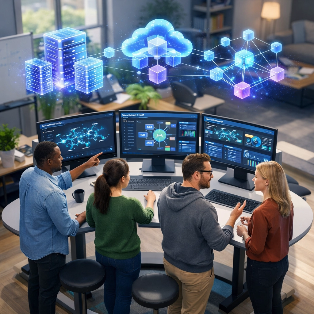 ServiceNow ITOM dashboard showing real-time asset discovery and infrastructure monitoring with collaborative team