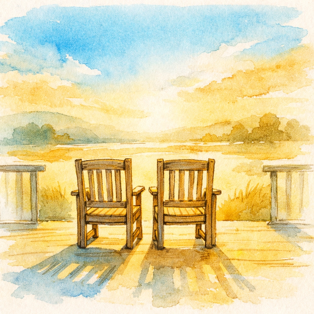 Two chairs on porch representing community and shared burdens in Christian leadership
