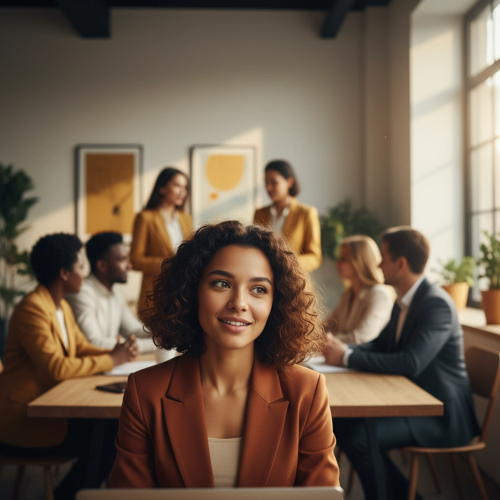 A young professional sits confidently at the head of a meeting table, surrounded by colleagues engaged in discussion, as natural light fills the modern office space.


