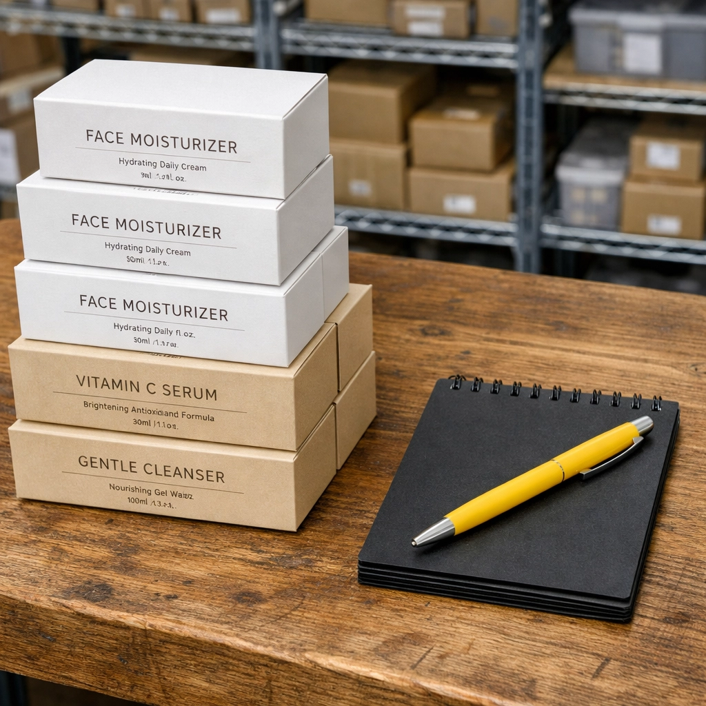 Stacked wholesale skincare product cartons in a professional warehouse for beauty resellers.