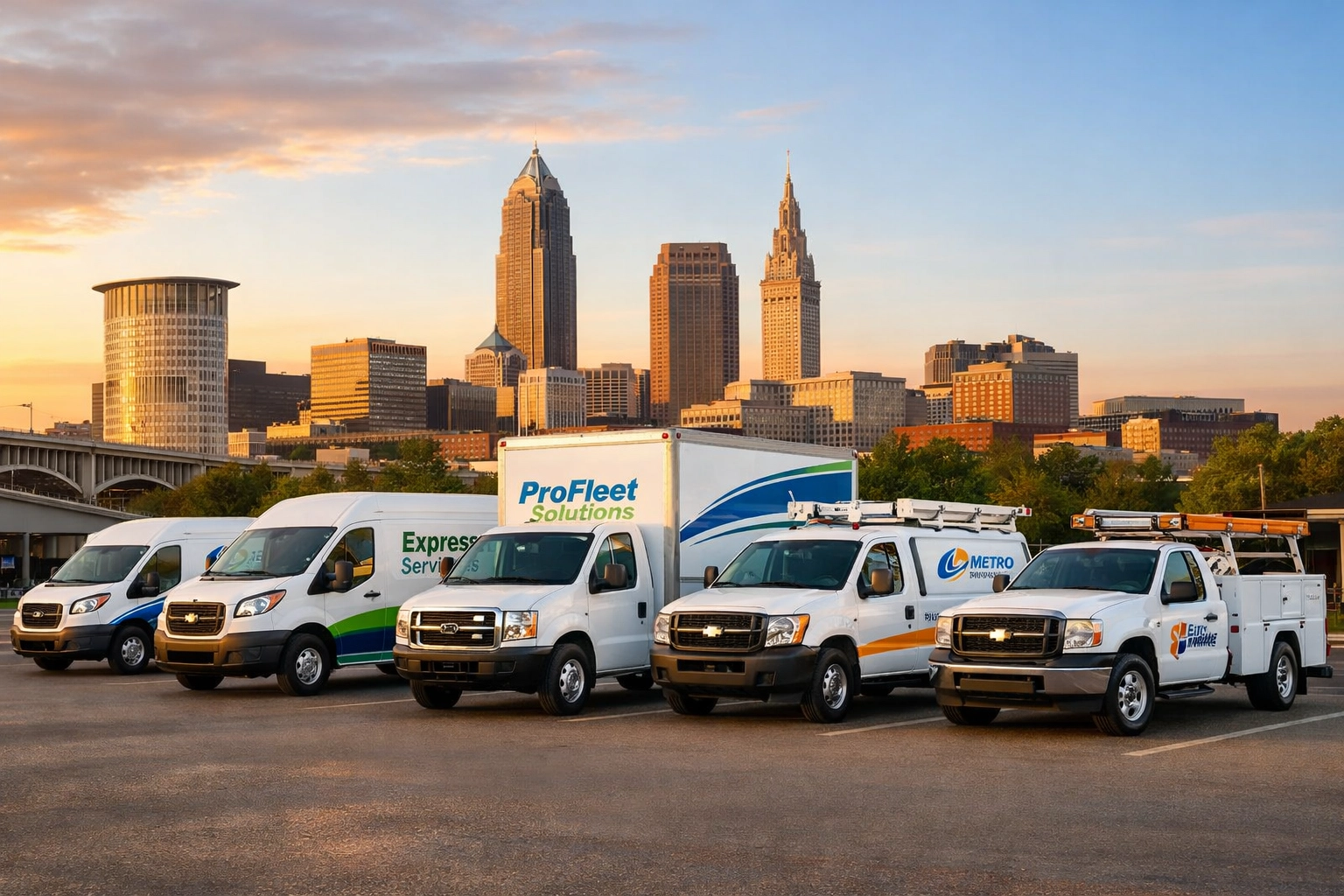 Commercial vehicle fleet with Cleveland skyline showing local business operations