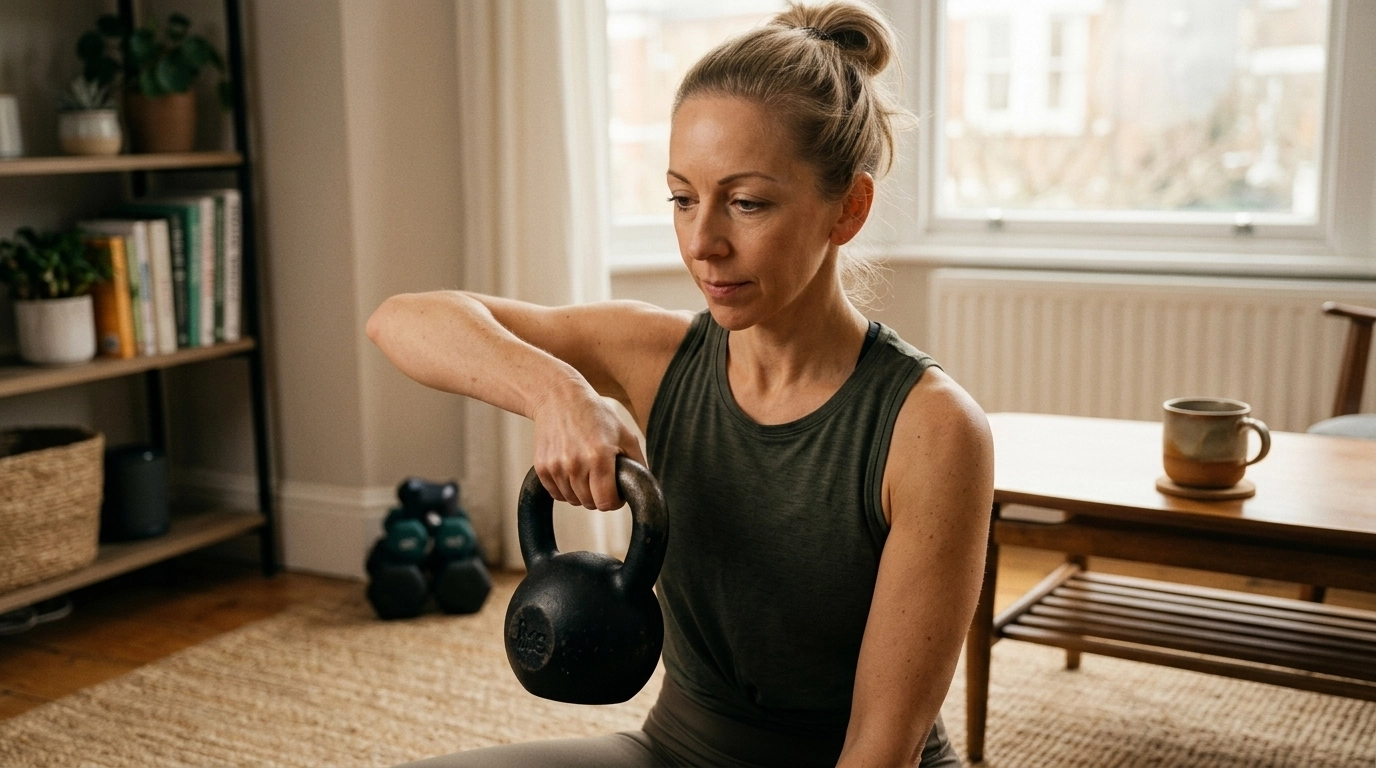 Woman lifting weights calmly at home