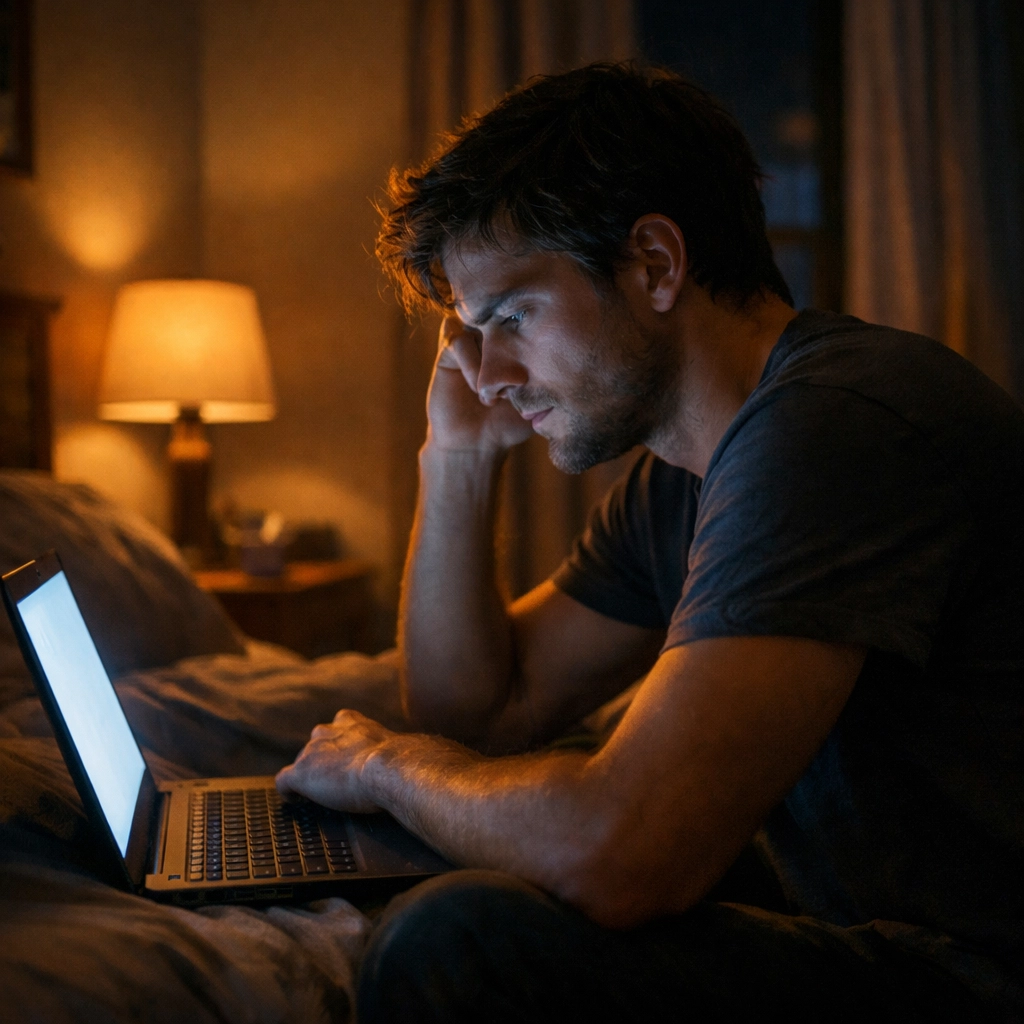Férfi éjszaka laptopnál - pornófüggőség elvonási tünetek és nehézségek