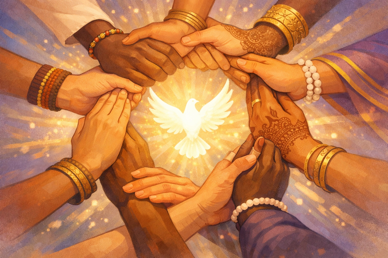 Diverse hands united in peace symbolizing biblical peacemaking and reconciliation across cultures