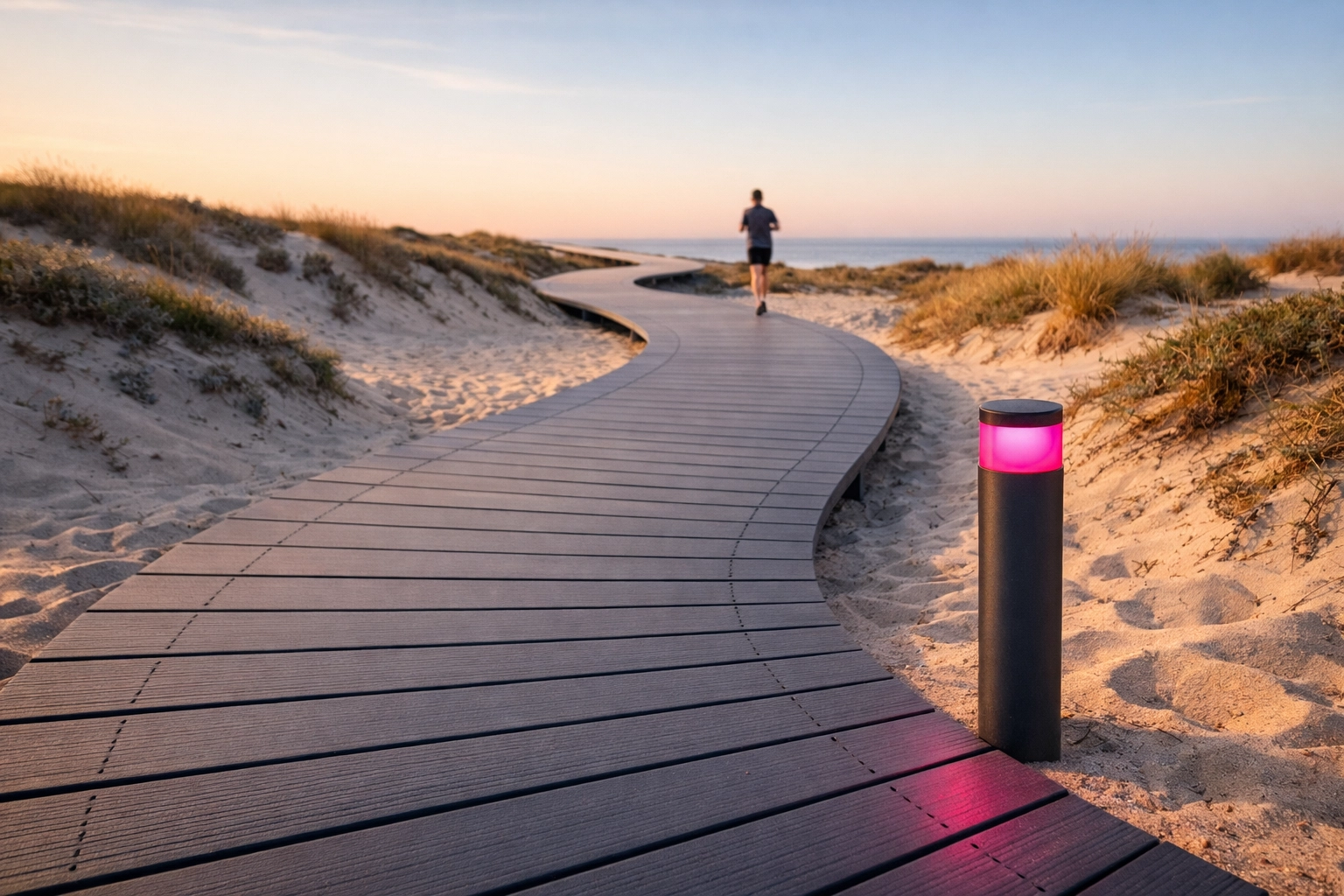 Finished slate-grey recycled plastic boardwalk winding through coastal dunes as sustainable council infrastructure.