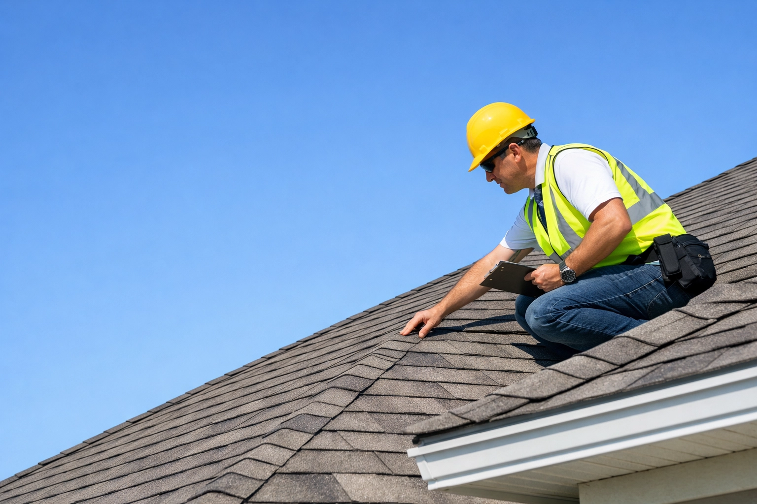 Licensed contractor inspecting roof shingles for hurricane season preparation in Florida
