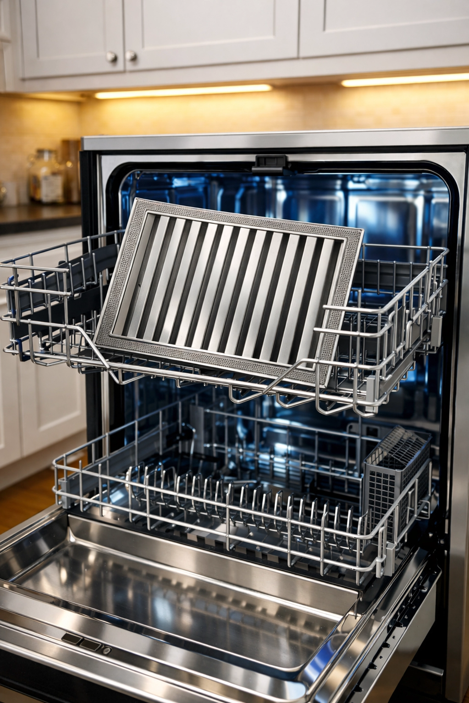 Stainless steel baffle filter placed in a modern dishwasher for a deep cleaning cycle.
