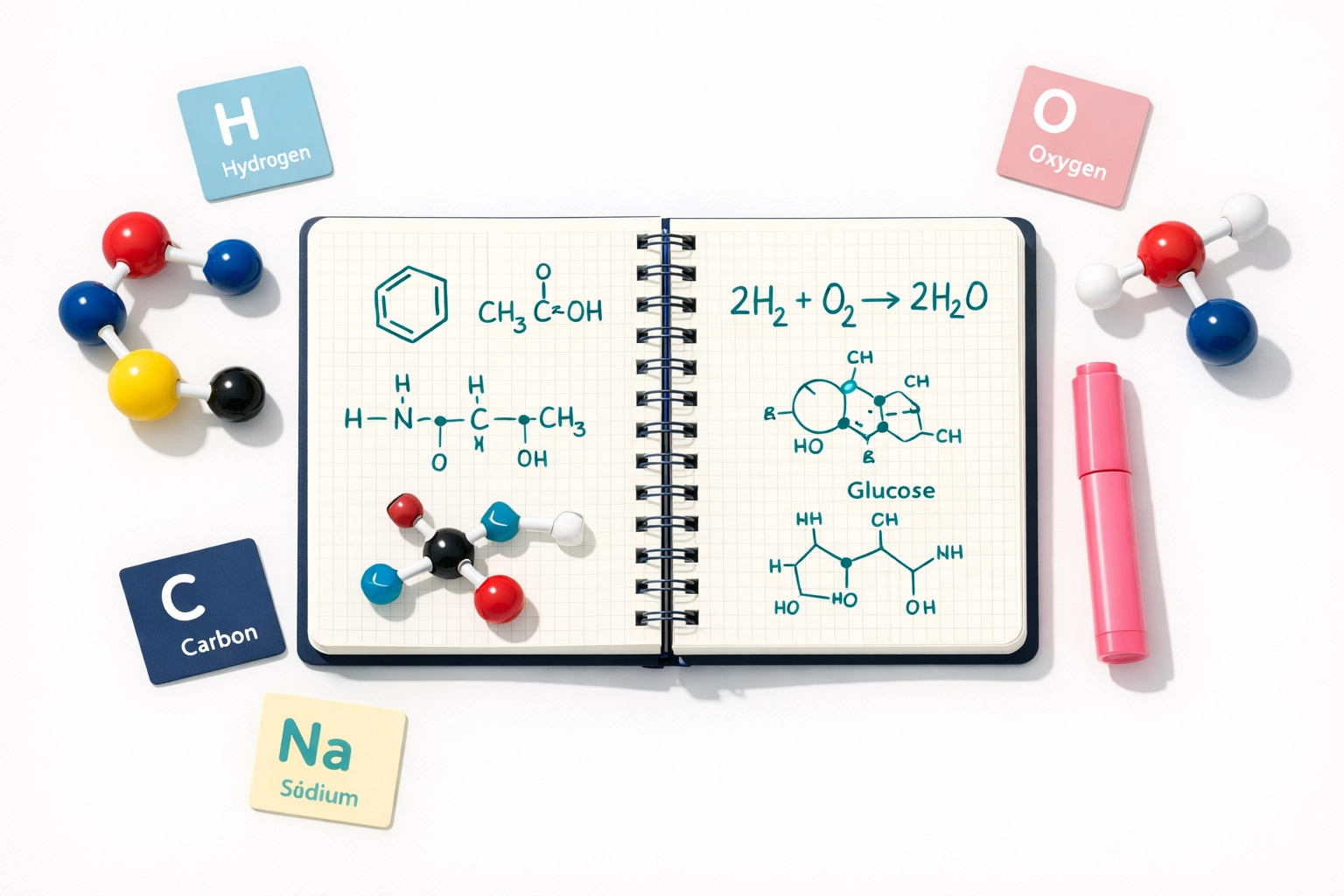 Chemistry revision materials with molecular models and periodic table flashcards for Oxbridge prep