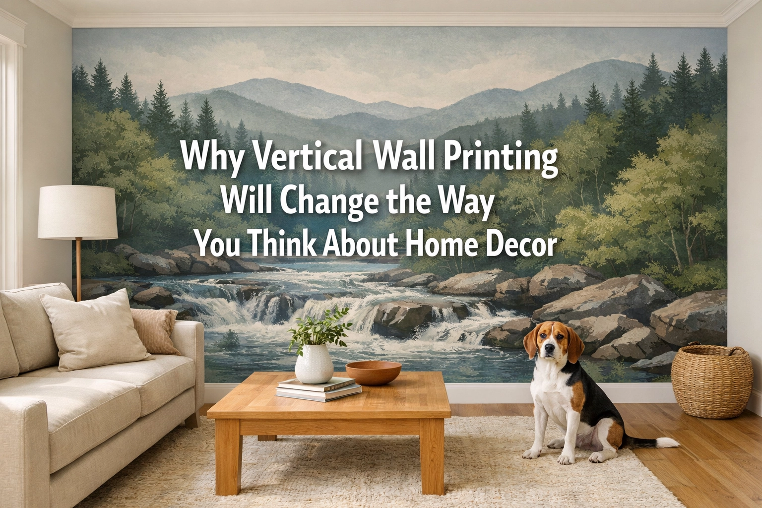 Custom nature mural in a Knoxville living room created using professional vertical wall printing technology.