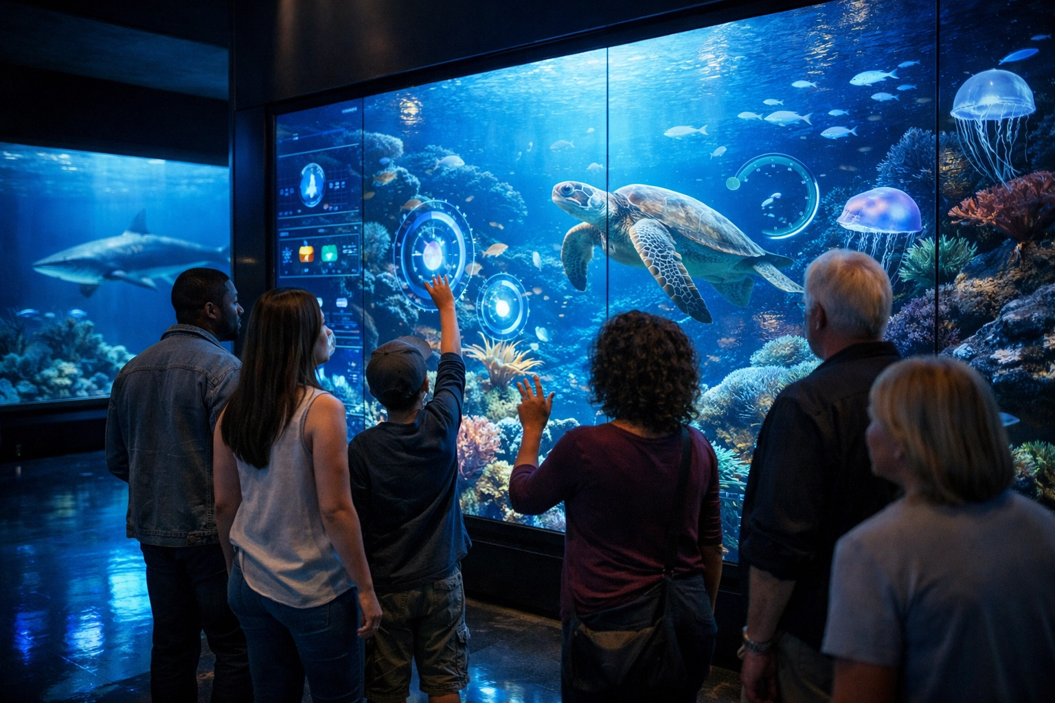 Visitors engaging with interactive digital signage and marine conservation displays at a Dakdan aquarium hub.