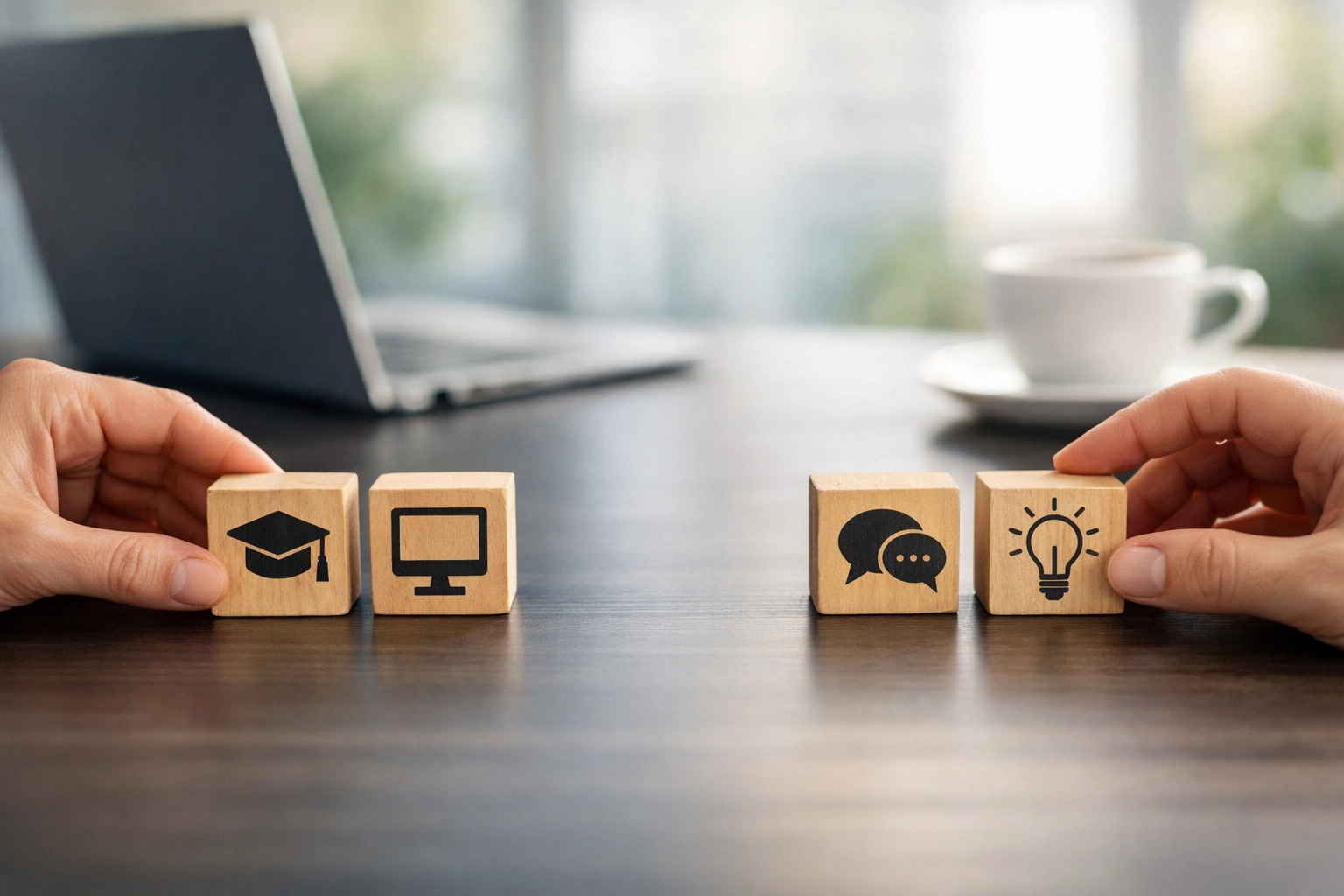 Hands arranging skill blocks showing workforce competency gaps and future training needs