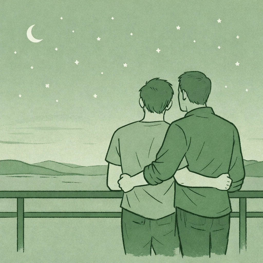 MM couple looking at stars, illustrating freedom from the binary gaze in LGBTQ+ fiction.