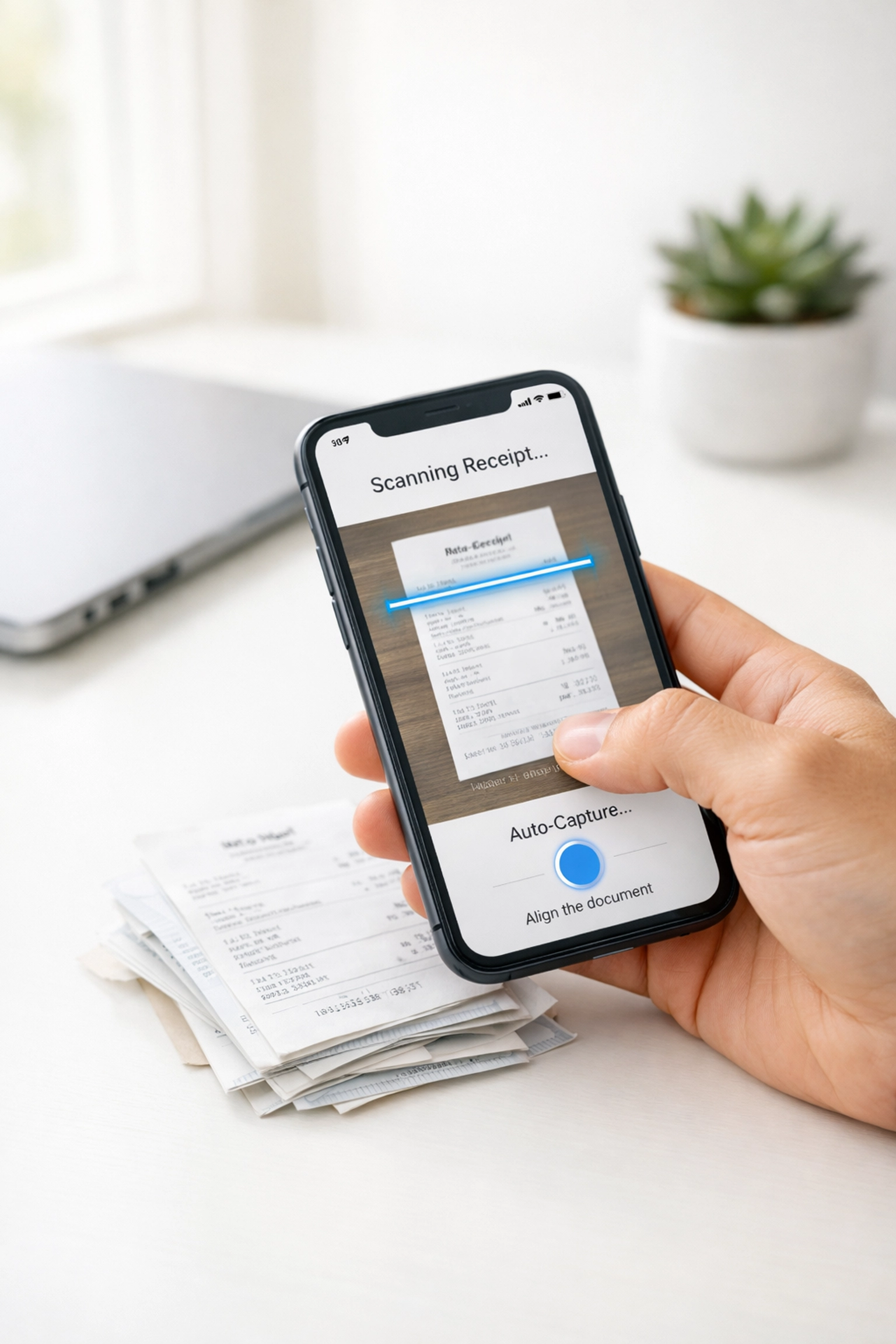 Gig worker using a smartphone app to scan business receipts for digital tax expense tracking.