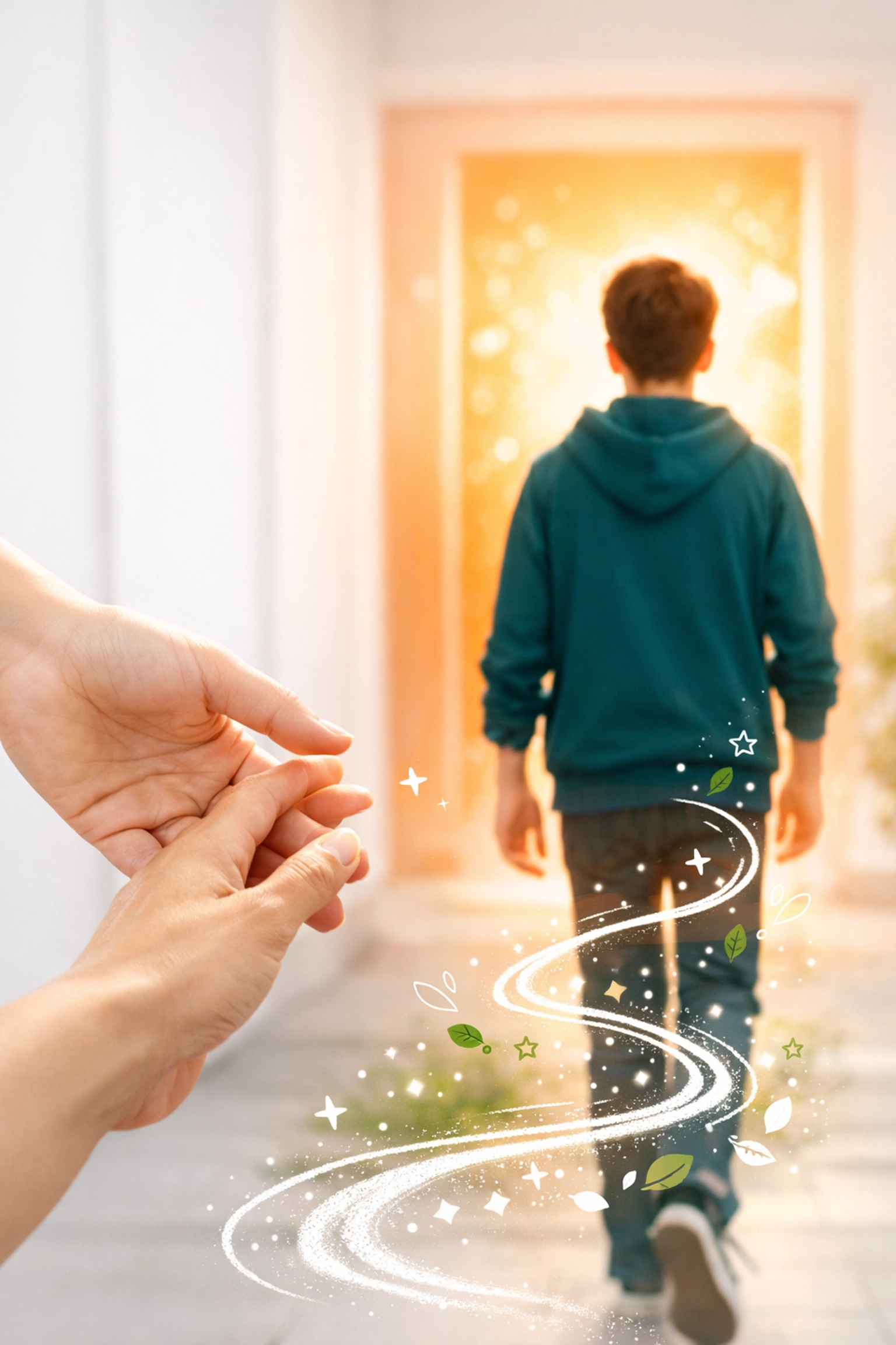 Close-up of a parent letting go of a teen's hand to encourage independence and faith-based growth.