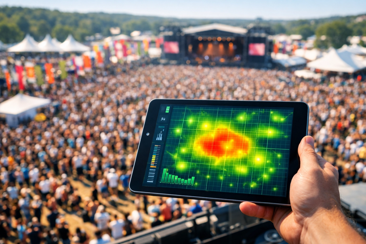 Technician monitoring real-time event WiFi traffic and network heat maps at a large outdoor festival.