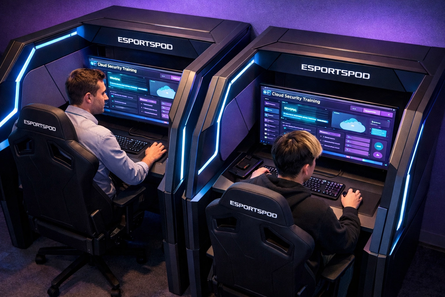 Manager and Gen Z employee collaborating on cloud skills training in EsportsPod workspace