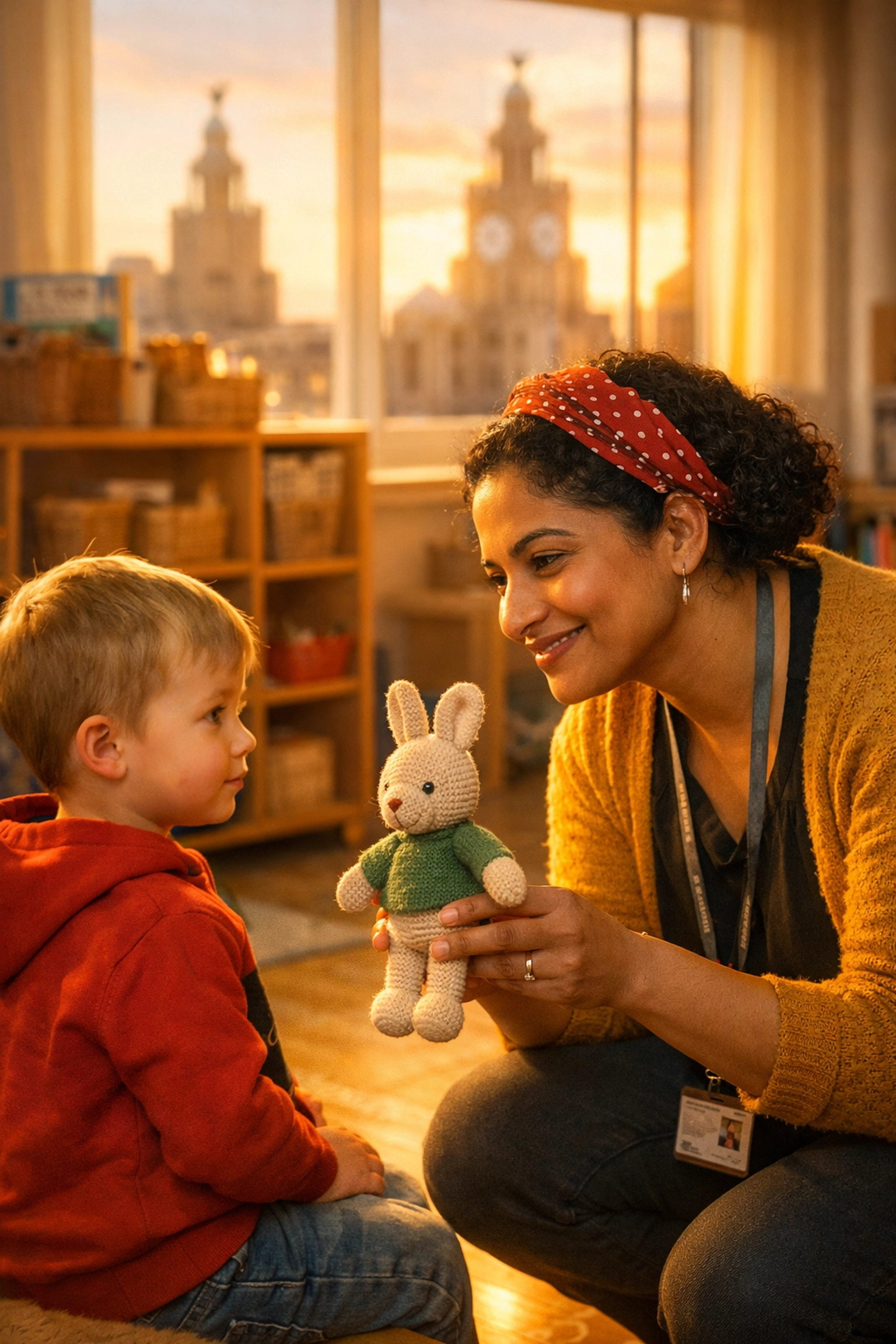 Nurturing educator greeting a child in a modern early learning centre Liverpool classroom.