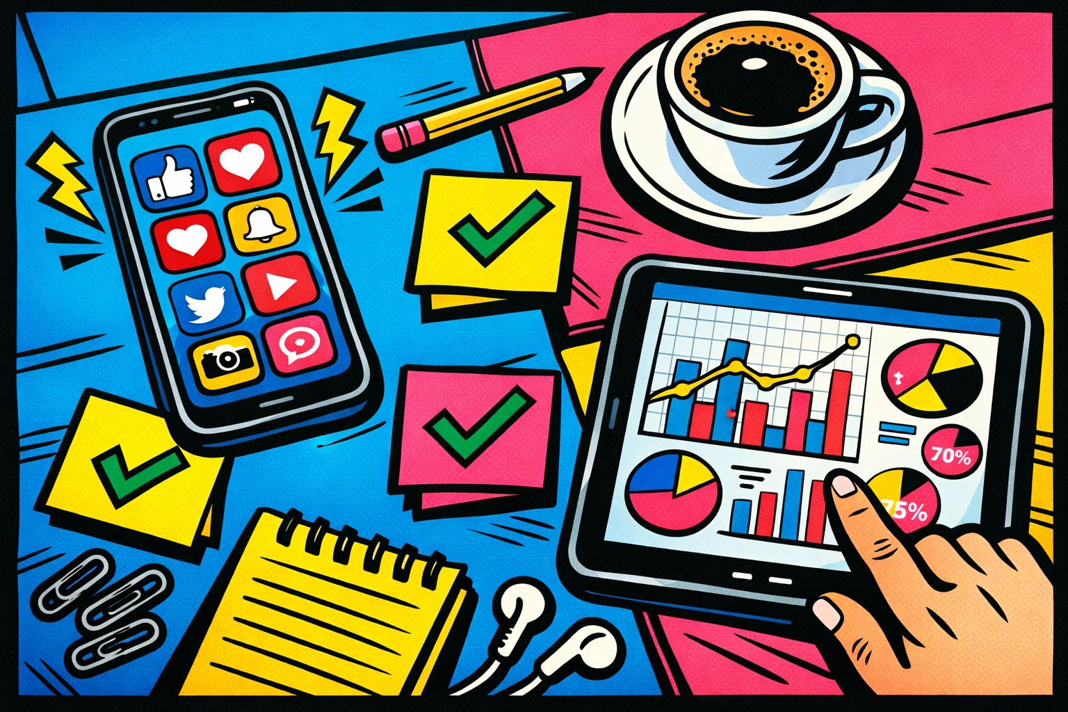 Small business workspace with social media management and email marketing automation tools