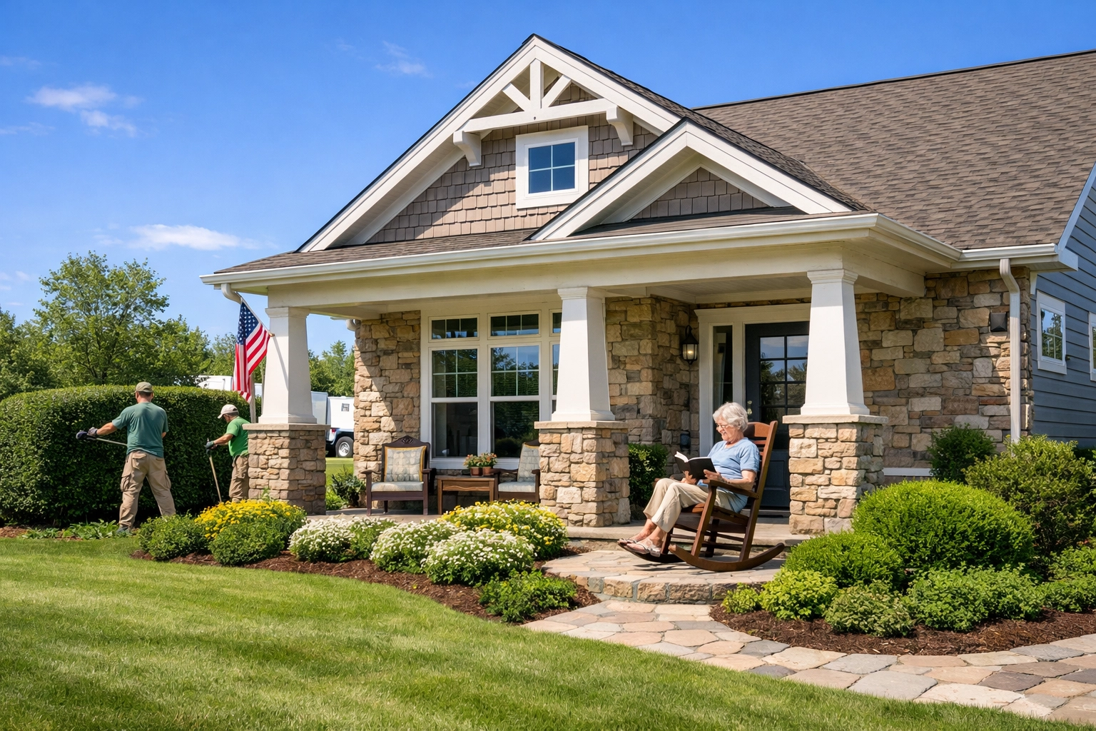 Maintenance-free exterior of a senior living home in Bucks County with professional landscaping.