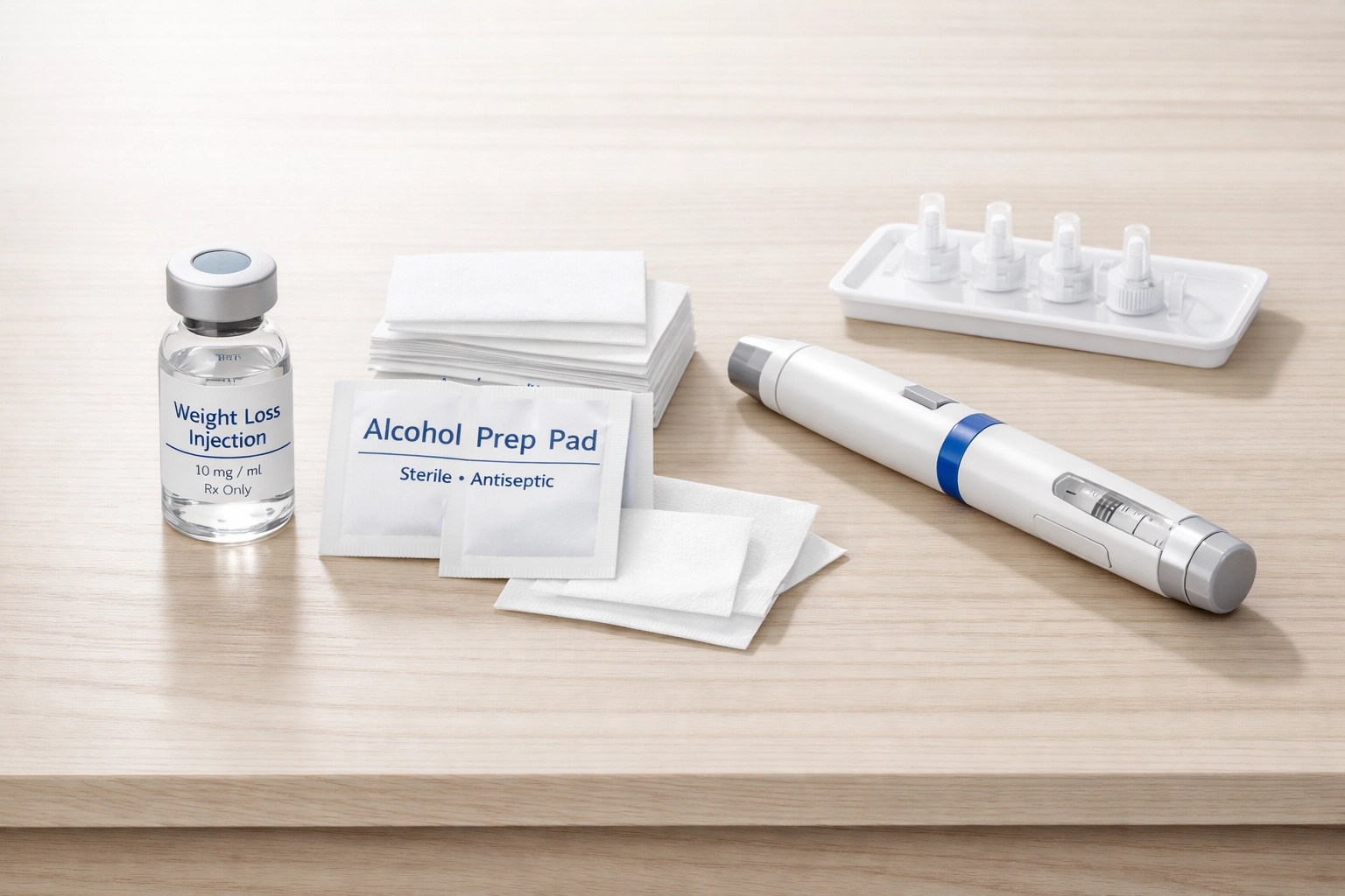 A compounded tirzepatide weight loss kit with medical supplies arranged for discreet home delivery.