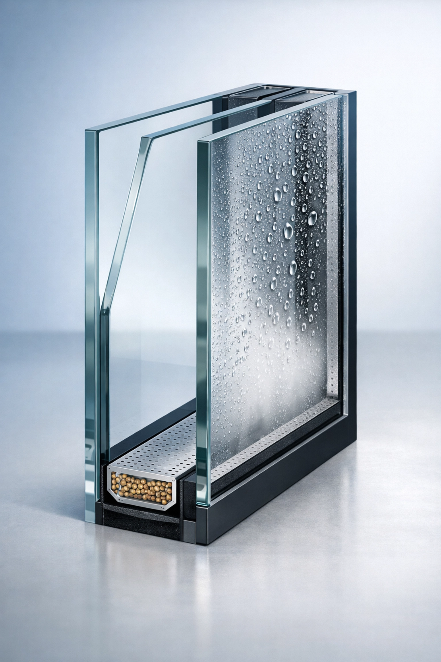 Detailed view of a failed window seal on a double-pane glass unit with trapped condensation and fog.