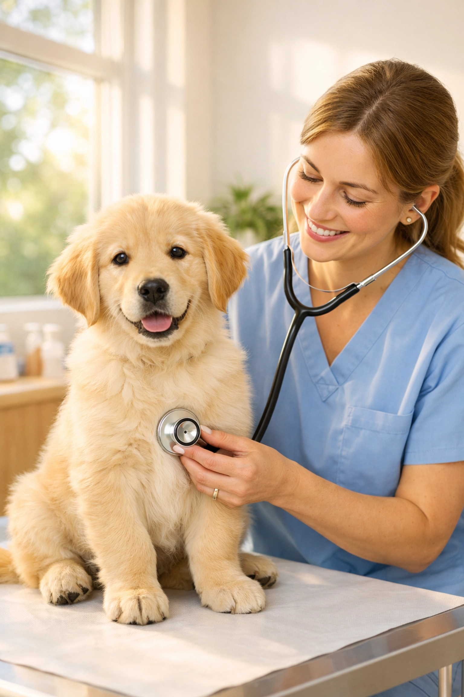 Golden Retriever puppy health examination by veterinarian