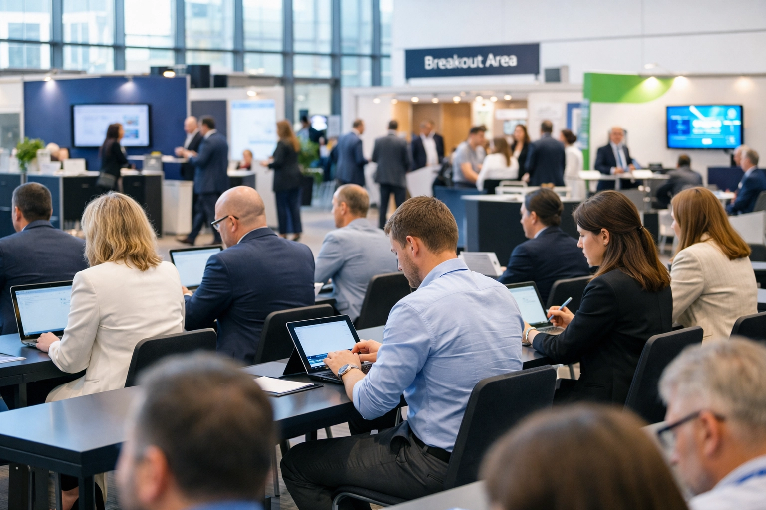 Conference attendees using laptops and tablets with reliable event WiFi in exhibition hall