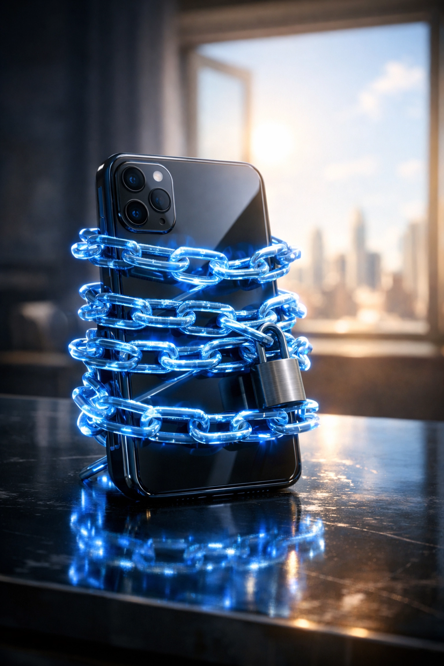 A smartphone bound by blue chains symbolizing restrictive long-term carrier trade-in contracts.