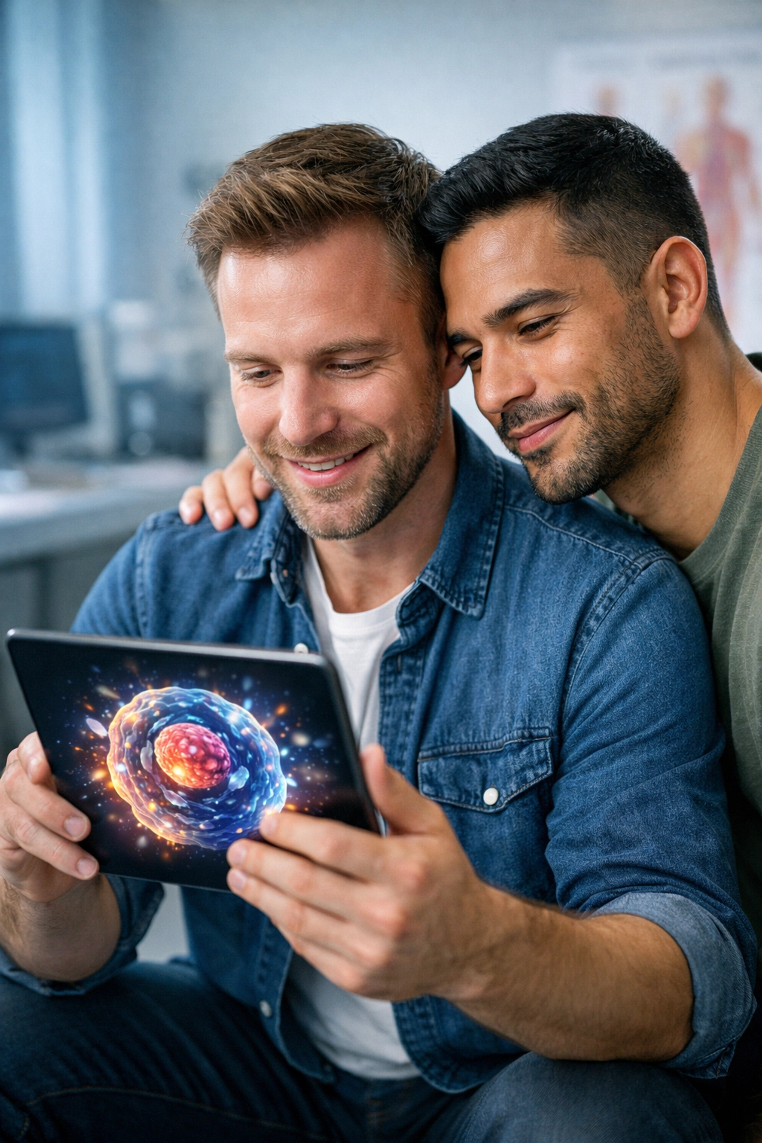 Gay couple in a clinic viewing HIV mRNA research on a tablet, symbolizing scientific hope and a cure.