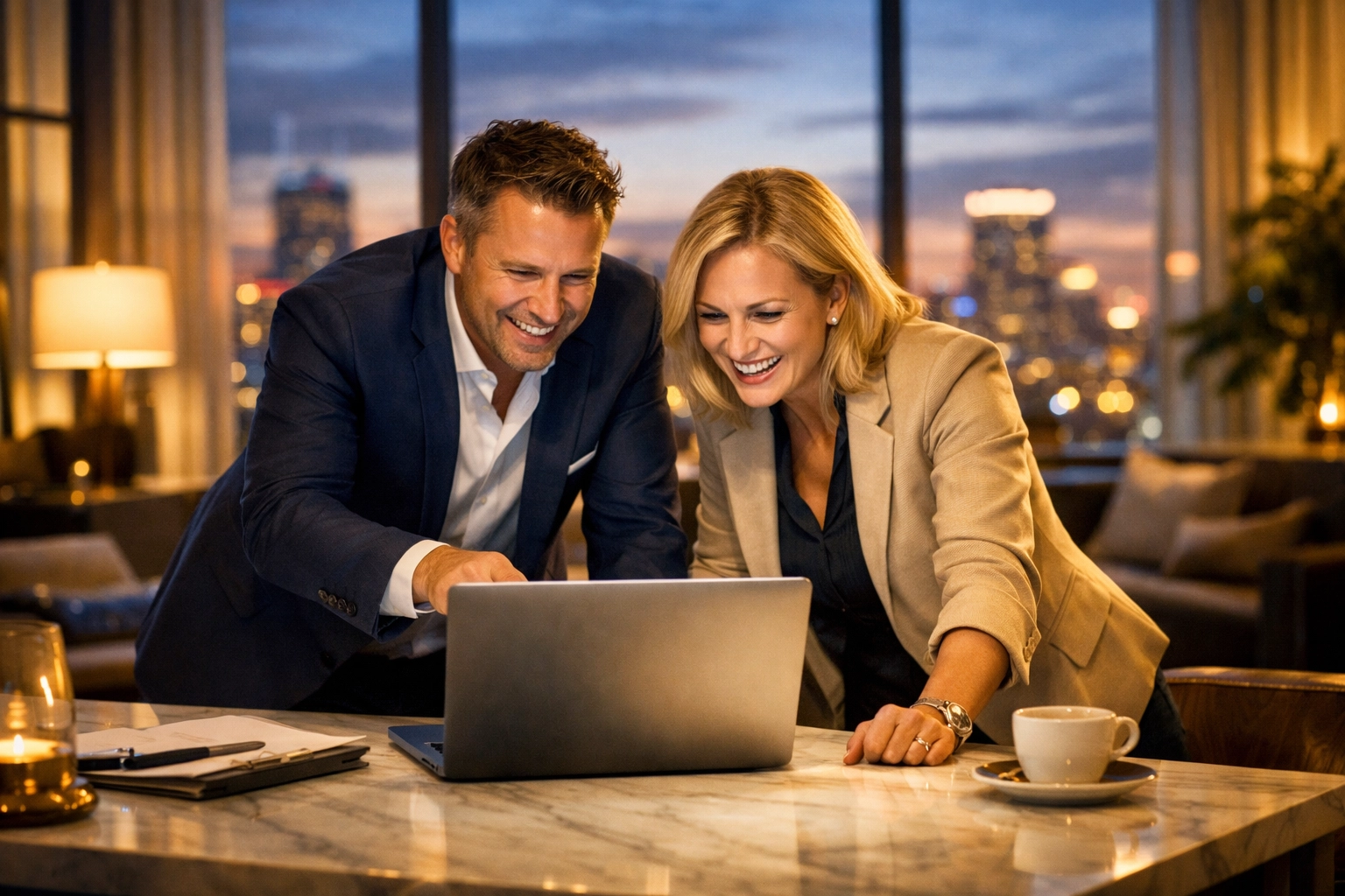 A marketing agency owner and client discussing competitive intelligence reports for business growth.