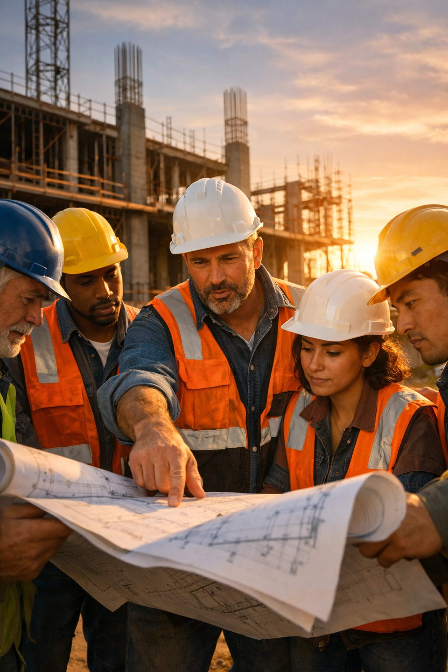 Veteran construction foreman leading team review of commercial project blueprints on site