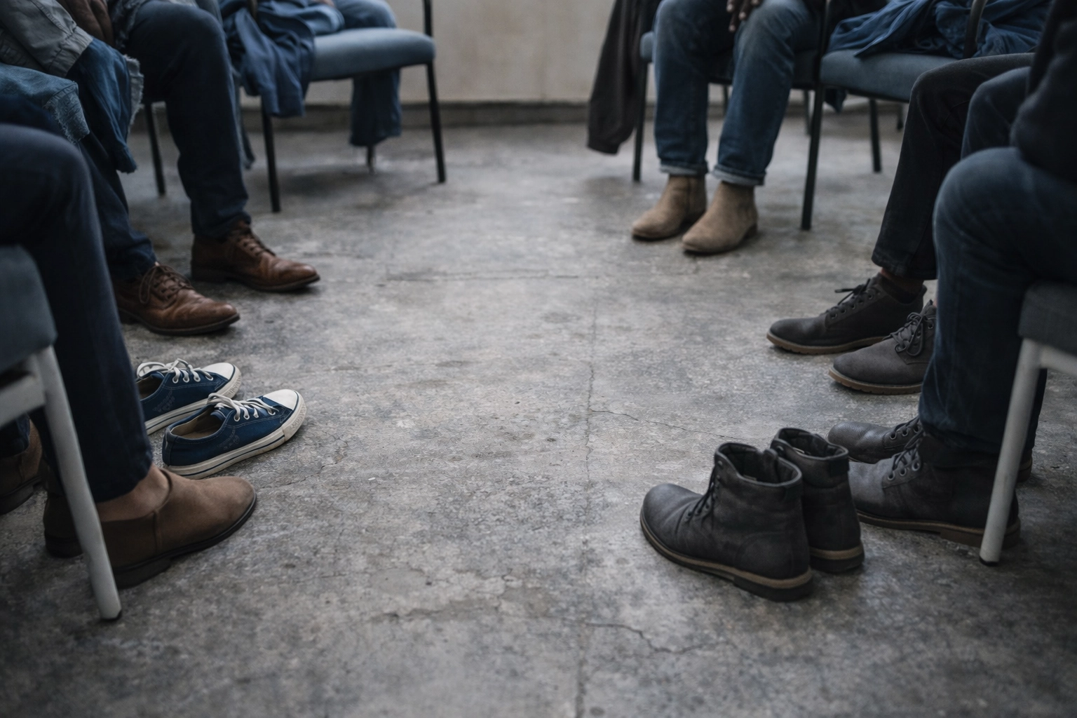 Circle of shoes representing diverse peer support group community members