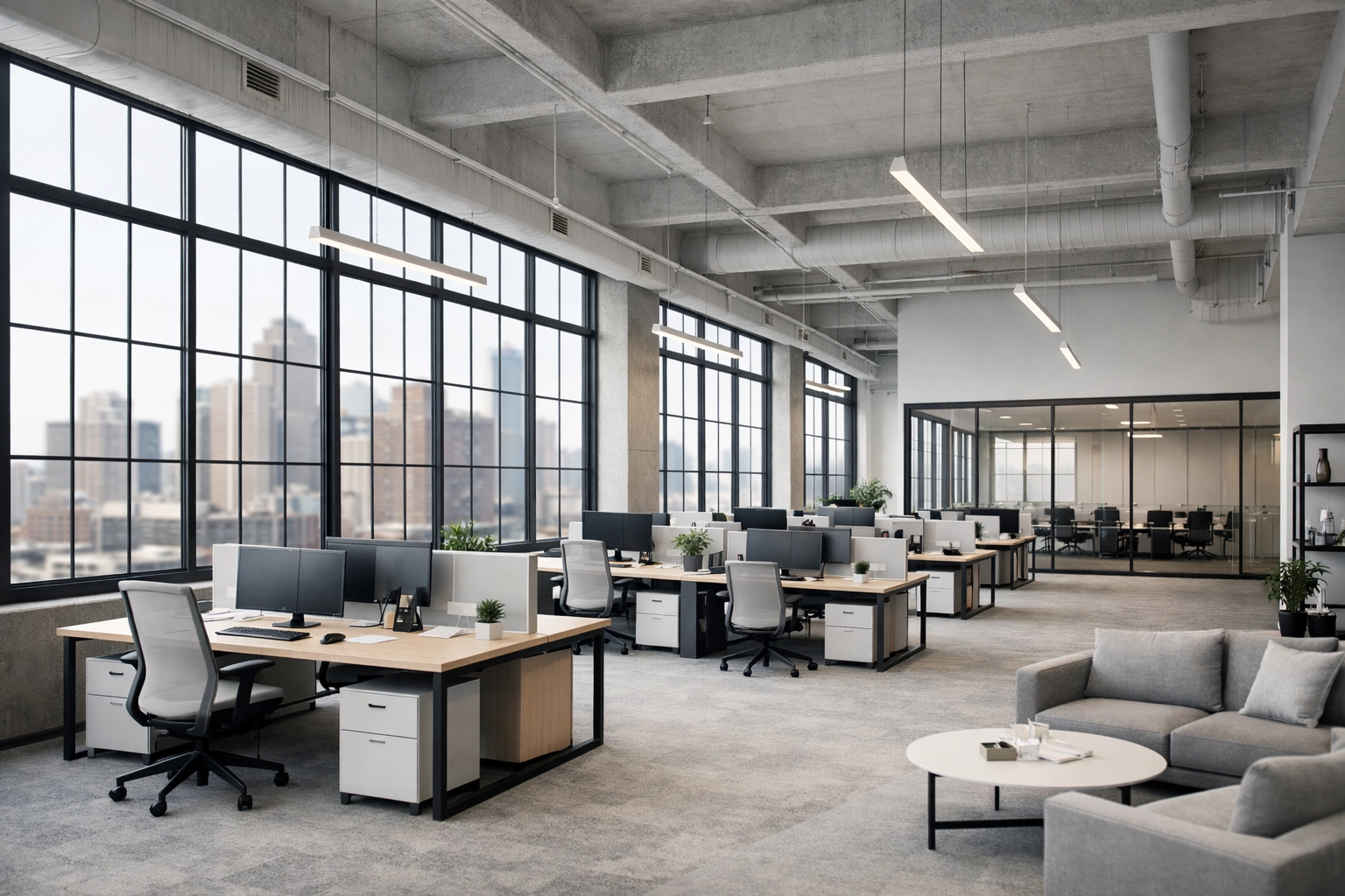 Spacious Detroit high-rise office interior showing pristine workstations and urban views.