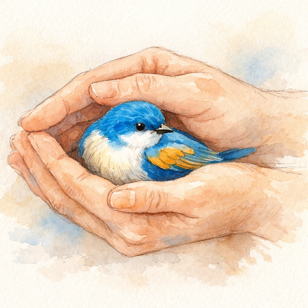 Hands gently holding a small bird, illustrating trauma-informed care and protection