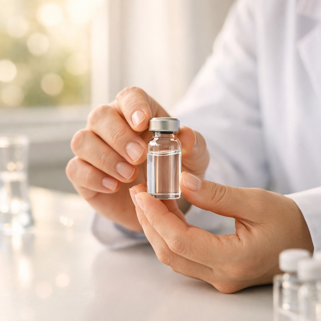 Medical professional holding peptide therapy vial in clinical laboratory setting