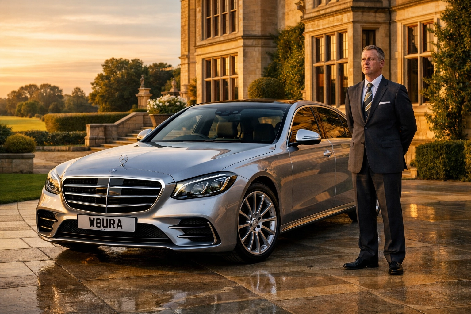 Luxury Mercedes-Benz S-Class wedding car and professional chauffeur at a grand manor house.