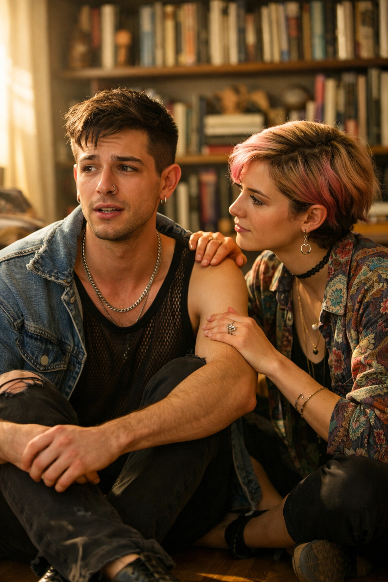 A gay man sharing a vulnerable moment with his supportive sister, illustrating the sibling sounding board.