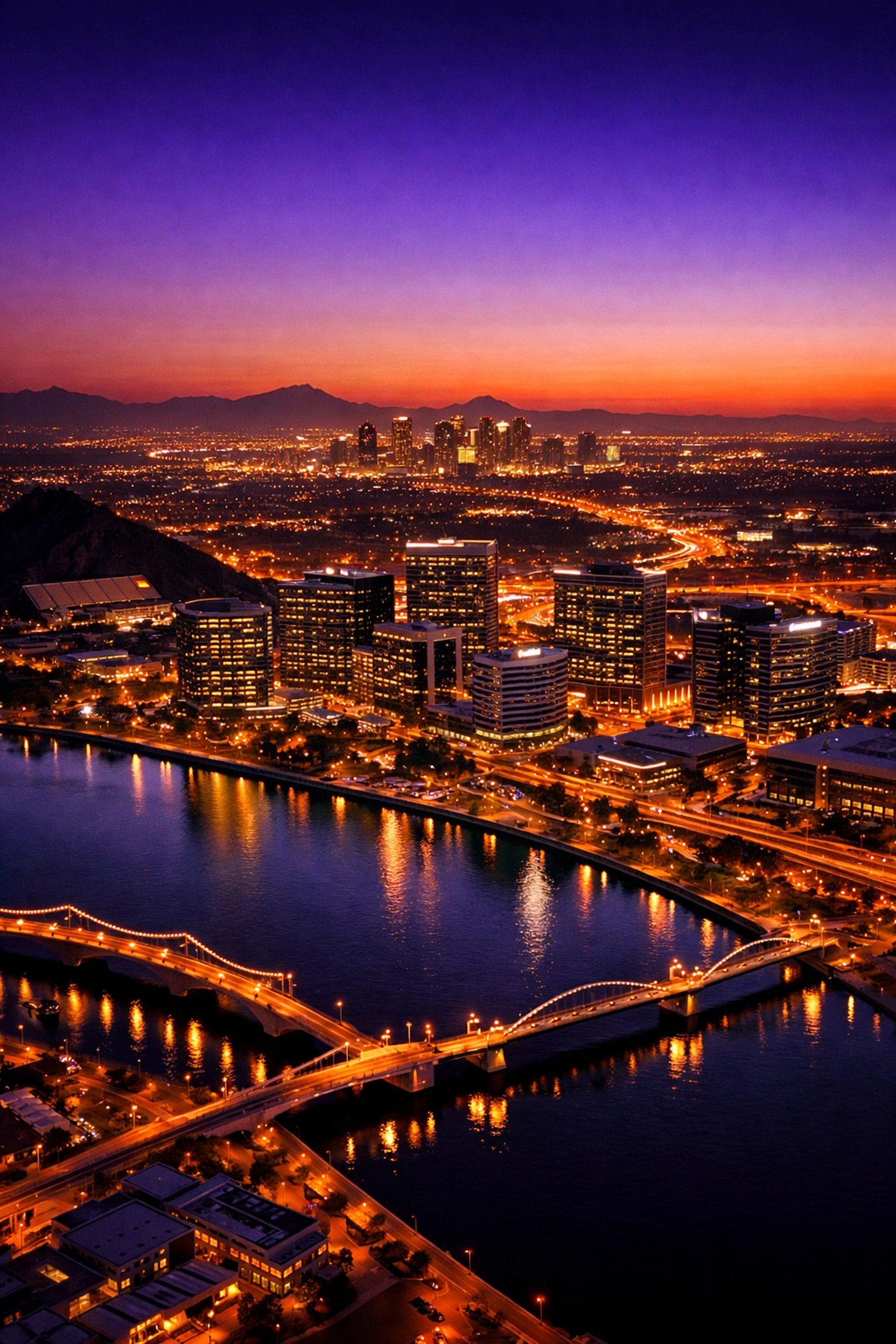 Aerial skyline view of modern office towers in the Phoenix-Tempe metro area at twilight.