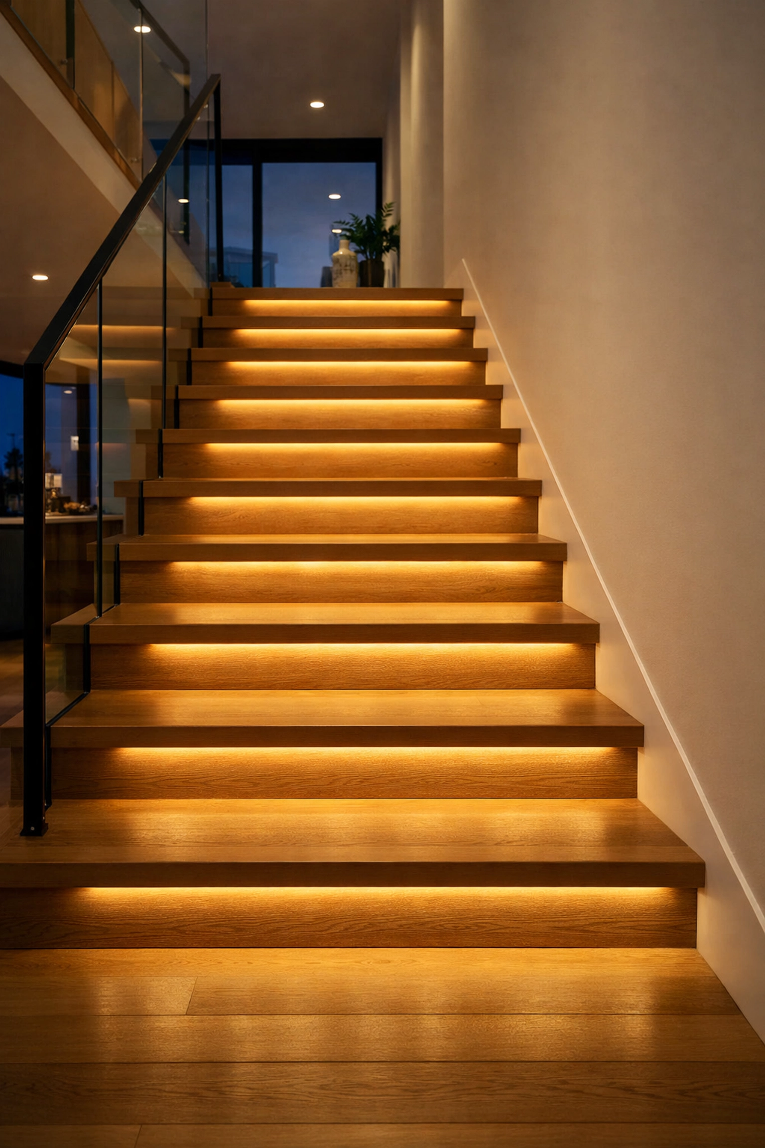 Motion-activated LED strip lighting illuminating the edges of wooden stair treads for safety.