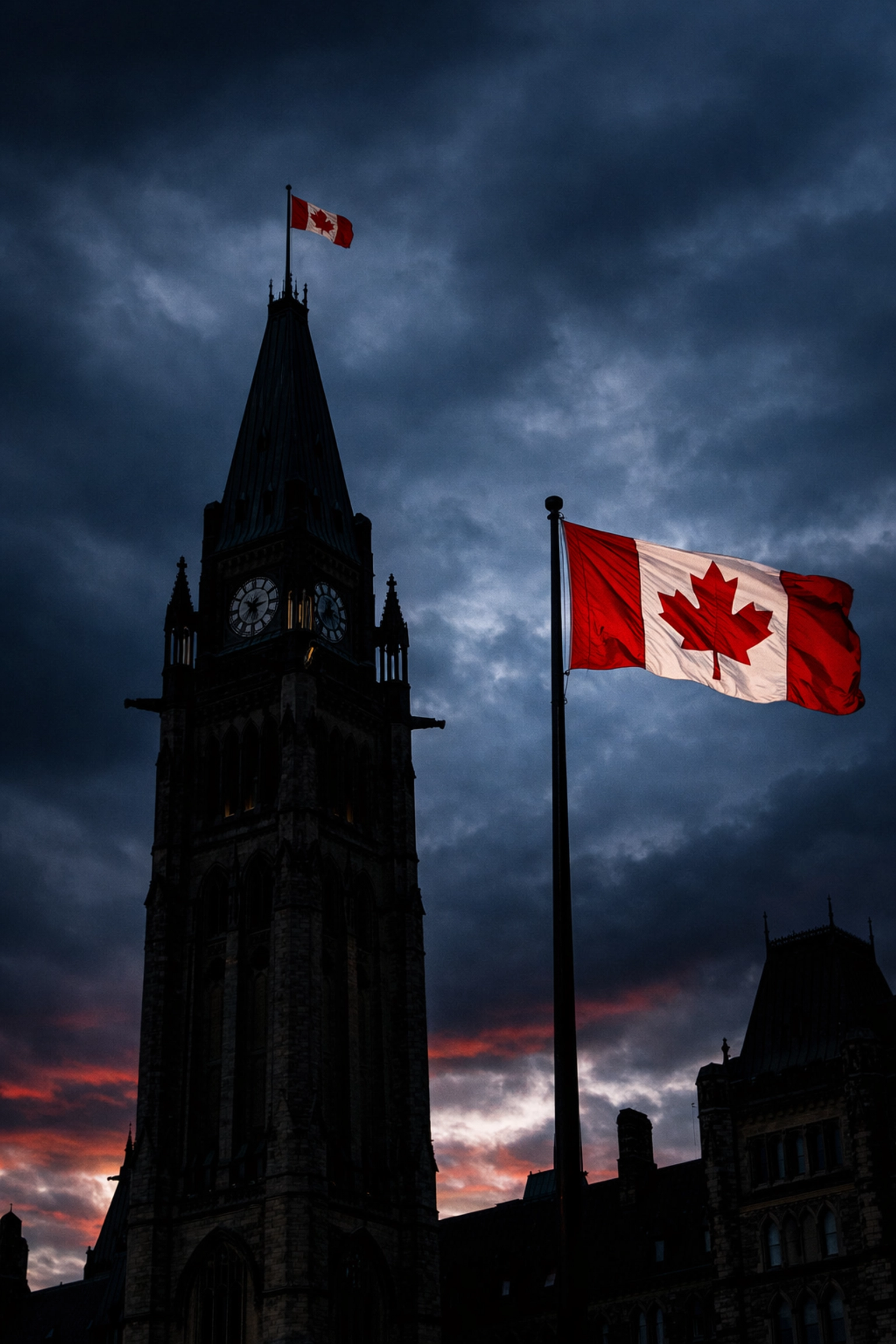 Parliament Hill Peace Tower silhouetted at dusk with Canadian flag flying