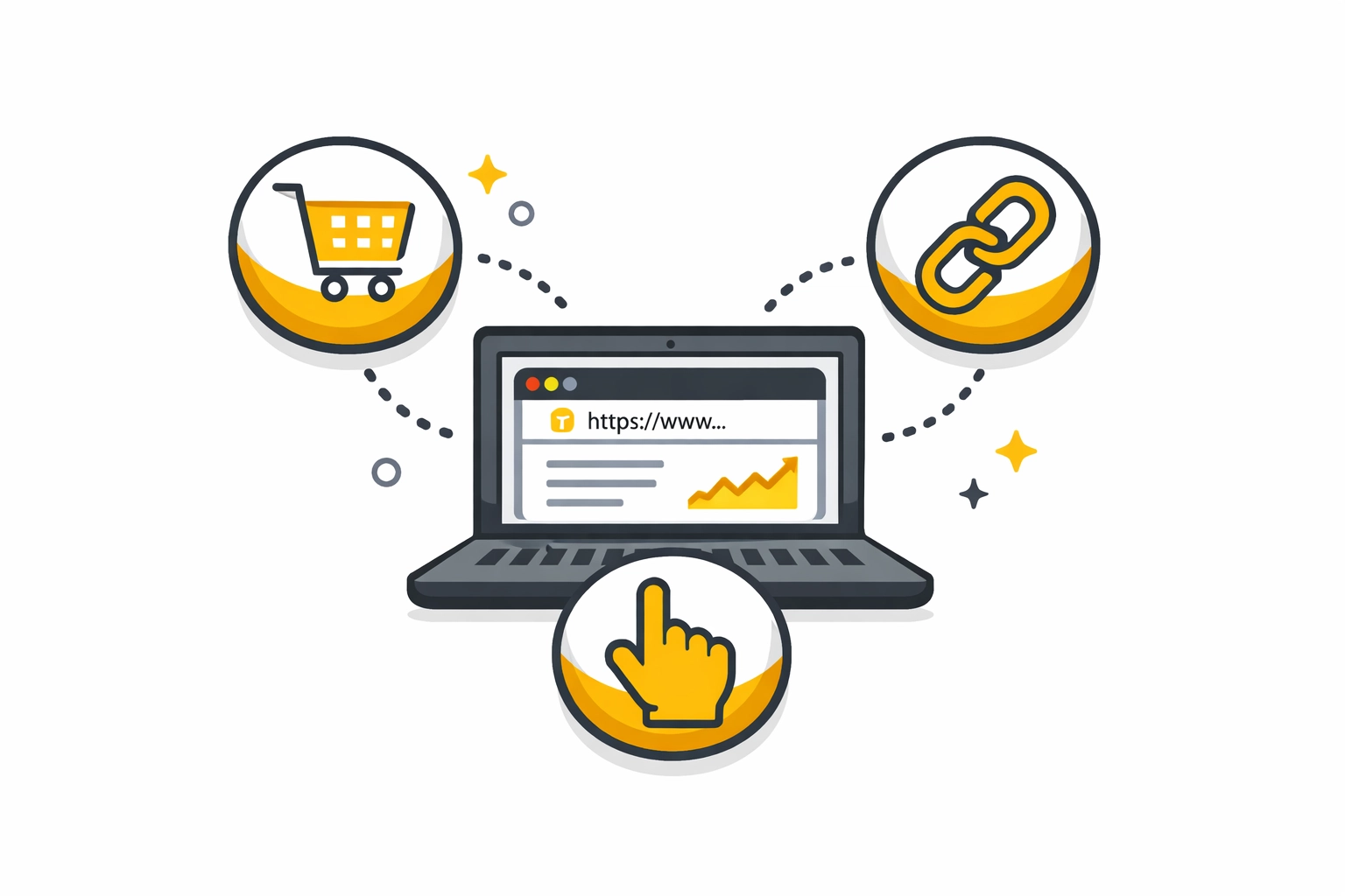 Laptop screen featuring icons for smart invite links, e-commerce integration, and interactive sales tools.