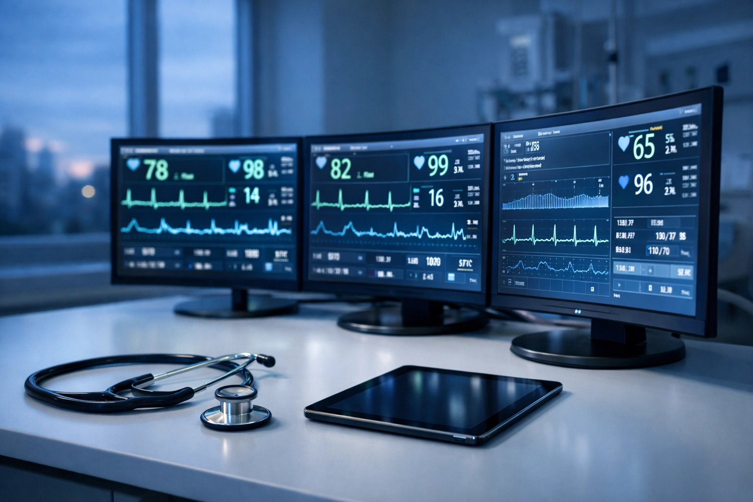 Hospital monitoring station with multiple screens displaying patient vital signs and medical data
