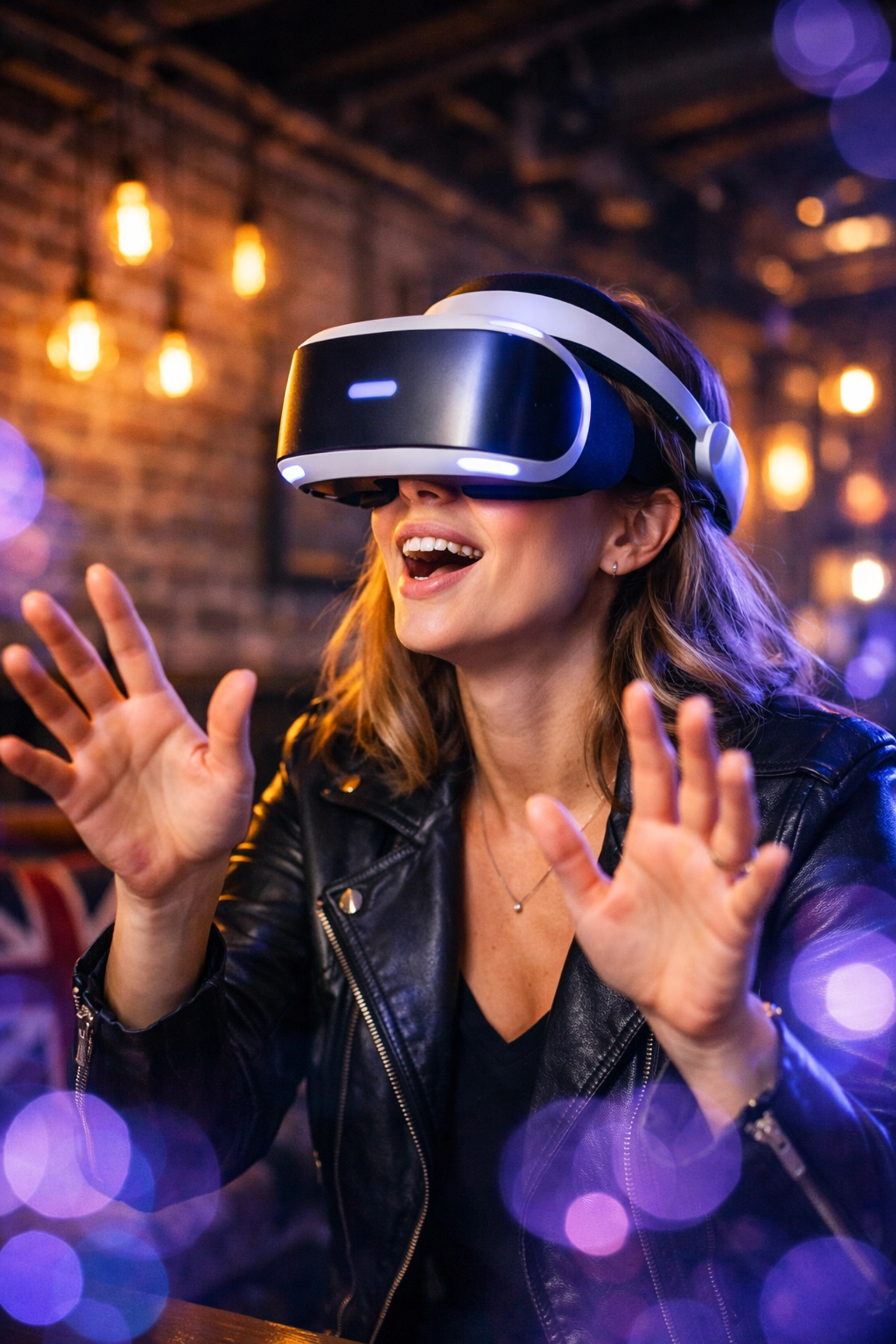 A woman wearing a VR headset at a virtual reality escape room, a fun immersive London hen do idea.