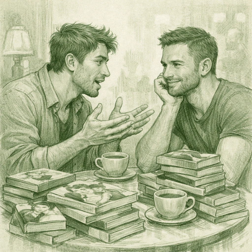 Gay men discussing MM novels at a cafe, emphasizing the importance of diverse stories and ace/aro book recommendations.