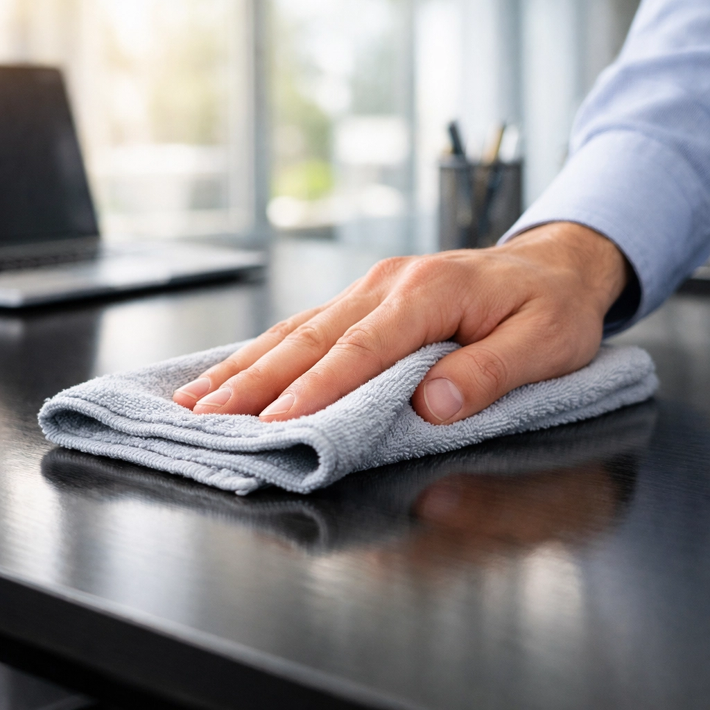 Professional cleaners Simcoe County performing detailed office cleaning on a modern desk surface.