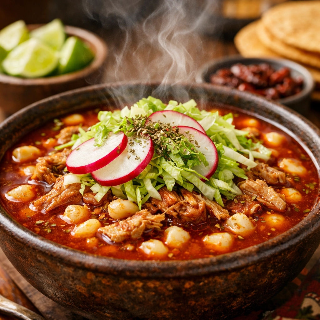 A steaming bowl of Mexican pozole topped with radishes, a classic budget travel food option.