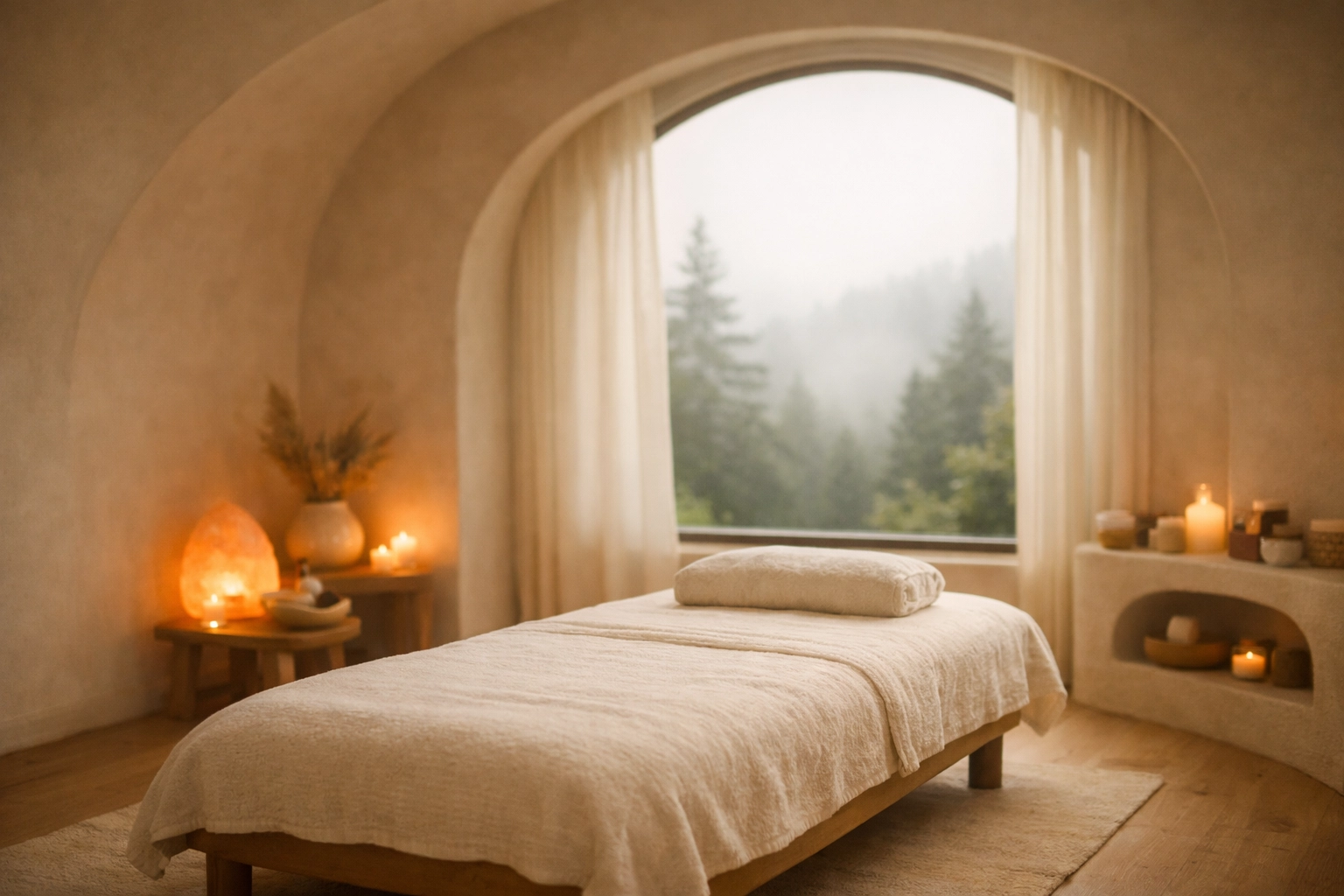 A tranquil holistic healing treatment room with a massage table, salt lamp, and views of a misty forest.