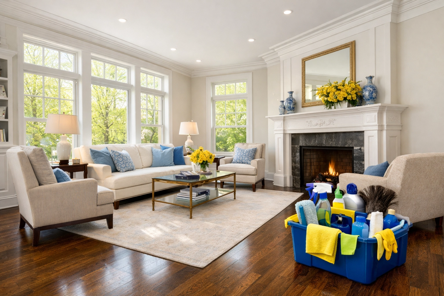 Pristine living room in a Massachusetts home after a professional residential cleaning MA service.