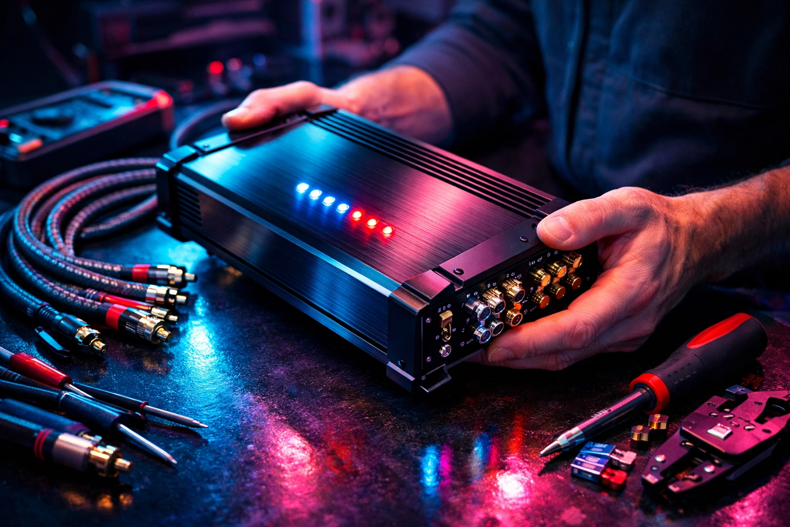 Car amplifier installation by professional audio technician