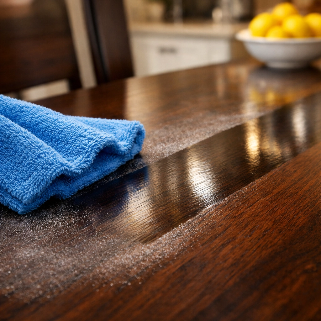 Microfiber cloth effectively removing dust from a wood table during weekly house cleaning in Westford.